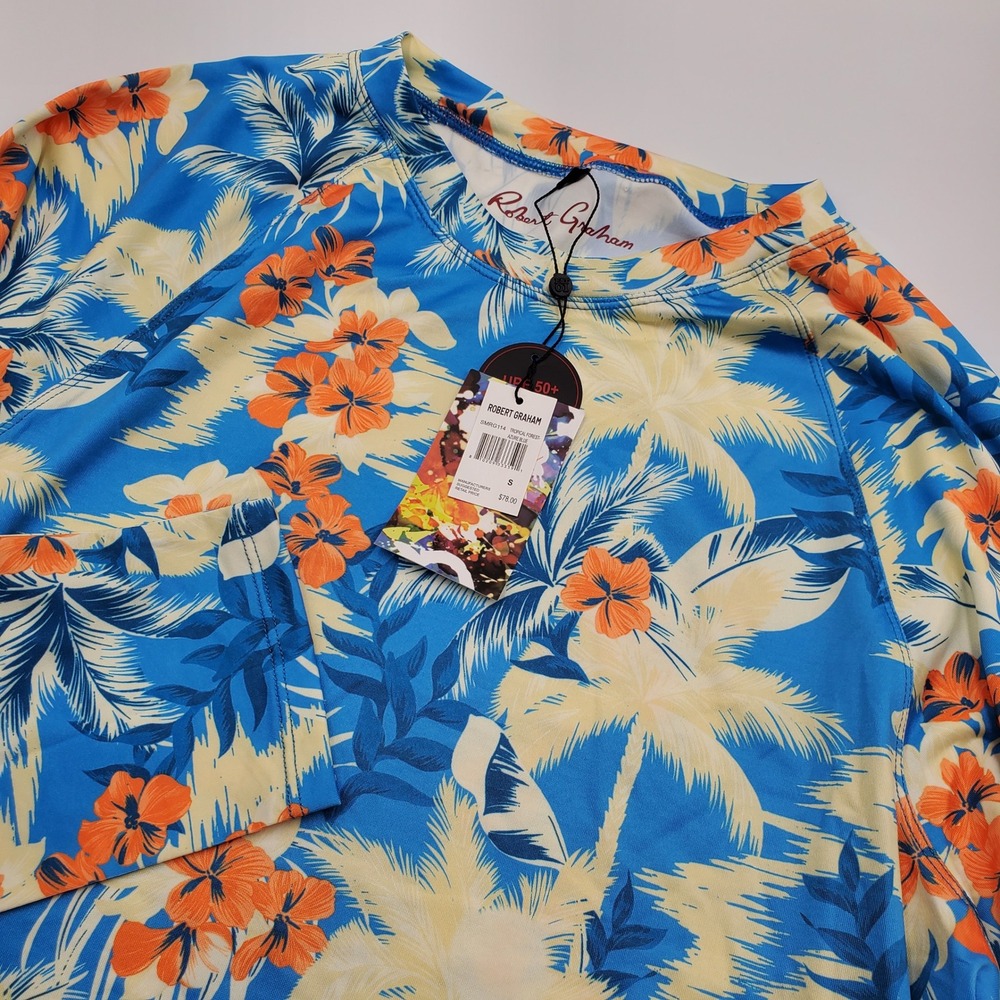 Robert Graham Mens Tropical Forest Azure Blue UPF 50+ Rash Guard S SMRG114 NEW‎